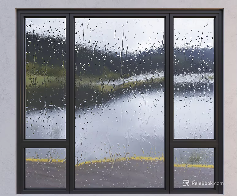 Modern Casement Window With Black Frame Raindrops On Glass And Lake View 3d model 