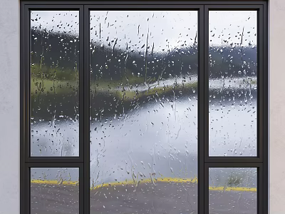 Modern Casement Window With Black Frame Raindrops On Glass And Lake View 3d model