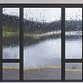 Modern Casement Window With Black Frame Raindrops On Glass And Lake View