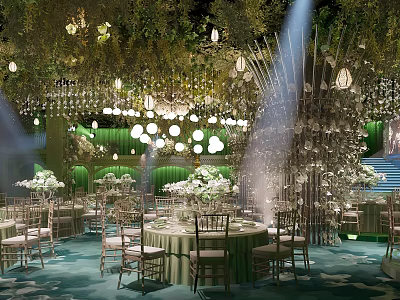 Luxurious Banquet Hall Setup With Hanging Greenery Chandeliers Round Tables And Soft Lighting 3d model