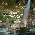Luxurious Banquet Hall Setup With Hanging Greenery Chandeliers Round Tables And Soft Lighting