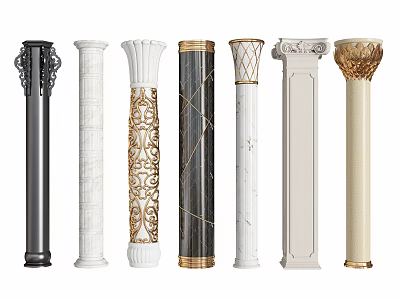 Decorative Columns In Multiple Designs With Carved Details Gold Accents And Marble Finishes 3d model