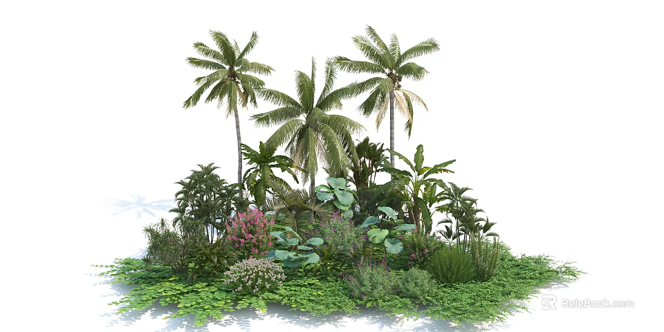 Lush Tropical Garden With Palm Trees Ferns And Pink Flowering Plants 3d model 