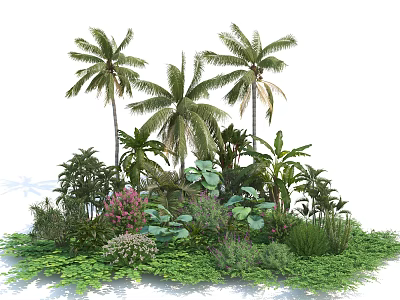 Lush Tropical Garden With Palm Trees Ferns And Pink Flowering Plants 3d model