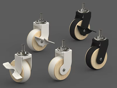 Multiple White And Black Tire Casters With Wooden Rims Metal Brackets And Brakes 3d model