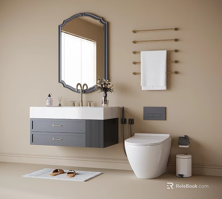 Modern Wall Mounted Bathroom Vanity With Gray Cabinet Drawers Sink Mirror And Towel Rack 3d model 