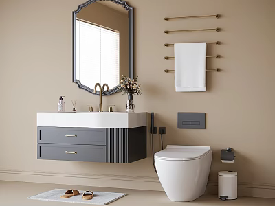 Modern Wall Mounted Bathroom Vanity With Gray Cabinet Drawers Sink Mirror And Towel Rack 3d model