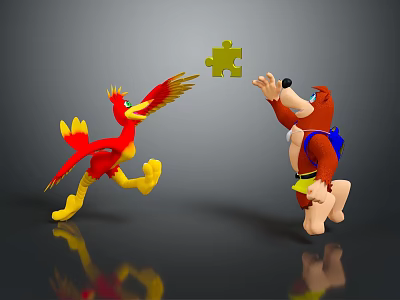 Red Bird and Brown Bear Cartoon Game Characters Reaching for Yellow Puzzle Piece 3d model