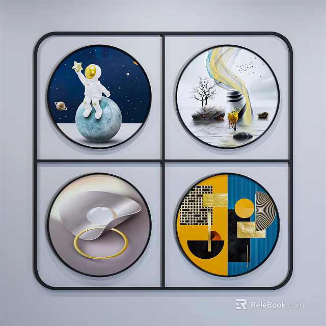 Set of Four Round Frame Paintings with Astronaut Planet Tree and Geometric Patterns 3d model 