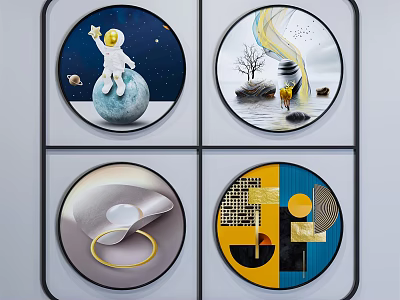 Set of Four Round Frame Paintings with Astronaut Planet Tree and Geometric Patterns 3d model