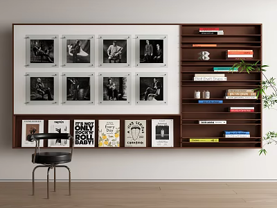 Modern Brown Wooden Bookcase With Books Framed Photos Posters And Potted Plant 3d model