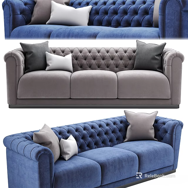 Double Sofa Upholstered In Gray And Blue With Tufted Design And Decorative Pillows 3d model 