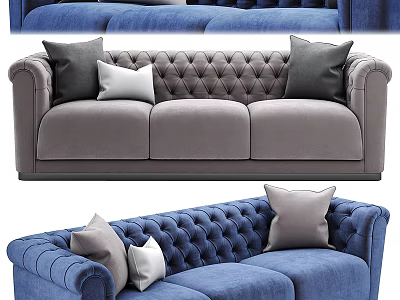 Double Sofa Upholstered In Gray And Blue With Tufted Design And Decorative Pillows 3d model