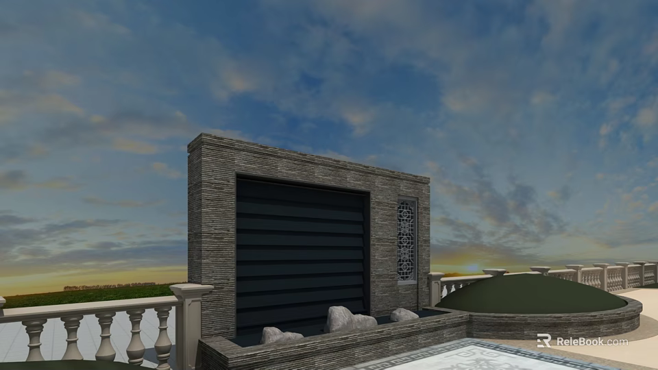 Outdoor Stone Feature Wall With Black Panel Design And Balustrade By Pool Area 3d model 