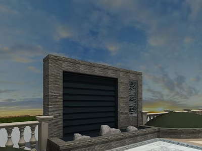 Outdoor Stone Feature Wall With Black Panel Design And Balustrade By Pool Area 3d model