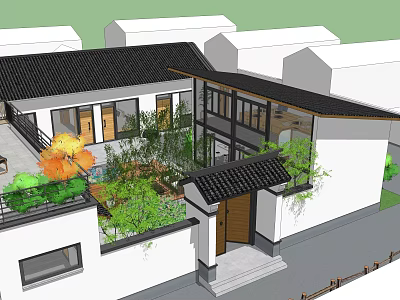 Traditional Chinese Courtyard House with Black Roof White Walls and Lush Greenery in Courtyard 3d model