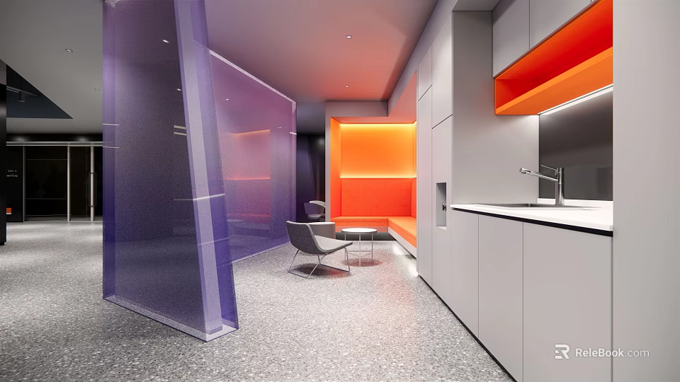 Modern Reception Desk Area With Purple Transparent Partition Orange Accent Wall And Gray Lounge Chair 3d model 