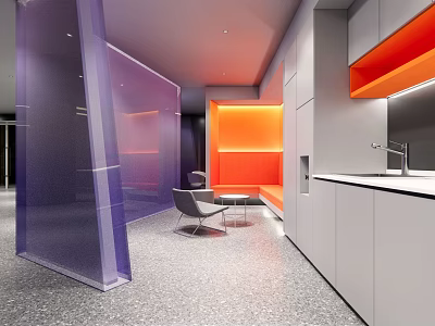 Modern Reception Desk Area With Purple Transparent Partition Orange Accent Wall And Gray Lounge Chair 3d model