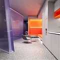 Modern Reception Desk Area With Purple Transparent Partition Orange Accent Wall And Gray Lounge Chair