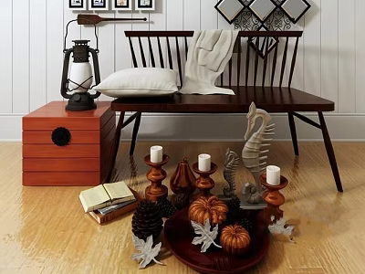 Wooden Two Seater Sofa With Blanket Pillow Lantern Candles And Pinecones Decor 3d model