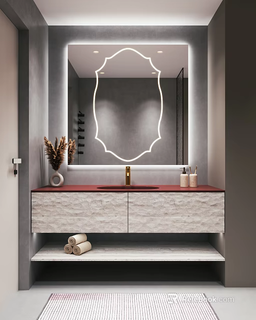 Modern Bathroom Vanity With Lighted Mirror Red Countertop Gold Faucet Dried Flowers And Rolled Towels 3d model 
