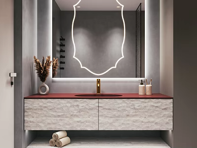 Modern Bathroom Vanity With Lighted Mirror Red Countertop Gold Faucet Dried Flowers And Rolled Towels 3d model