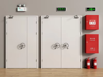 White Fire Doors And Red Fire Cabinets With Extinguishers And Indicator Lights 3d model