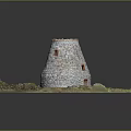 Cartoon Scene with Conical Stone Tower Small Windows Grass and Stones on Base Platform
