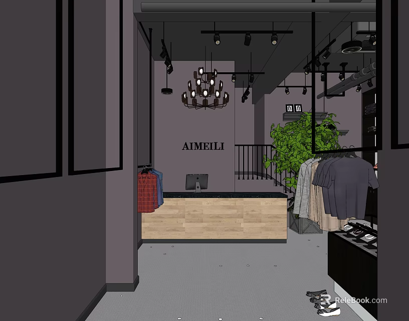 AMBELI Clothing Store Interior With Chandelier Reception Counter Green Plant And Clothes On Racks 3d model 