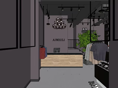 AMBELI Clothing Store Interior With Chandelier Reception Counter Green Plant And Clothes On Racks 3d model