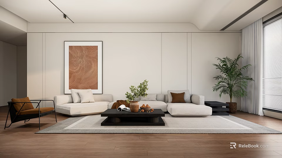 Modern Living Room Interior With White Sofa Coffee Table Decorative Painting And Green Plants 3d model 