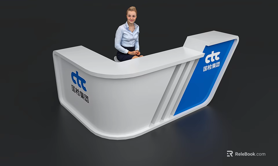 White And Blue Reception Desk With CTC Logo And Seated Receptionist 3d model 