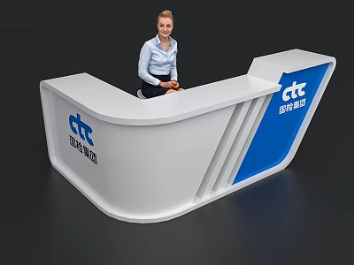 White And Blue Reception Desk With CTC Logo And Seated Receptionist 3d model