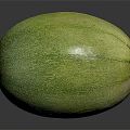 Fresh Green Cantaloupe Fruit with Textured Skin and Oval Shape on Black Reflective Surface