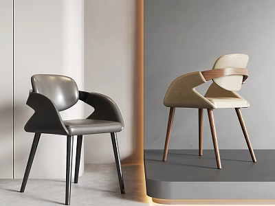 Modern Leather Dining Chairs With Curved Backrest And Wooden Legs In Gray And Beige 3d model