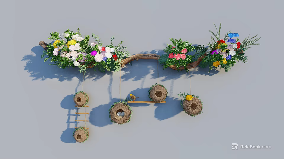 Colorful Flowers and Green Plants on Branch Structure with Hanging Bird Nest Decorations Small Ladder 3d model 