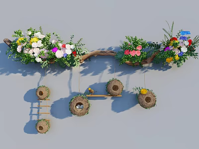 Colorful Flowers and Green Plants on Branch Structure with Hanging Bird Nest Decorations Small Ladder 3d model
