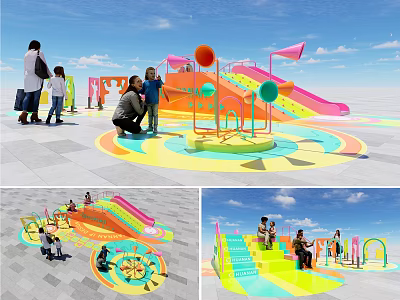 Colorful Interactive Play Area with Slides Circular Structures Playful Flags and Children Playing 3d model