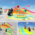 Colorful Interactive Play Area with Slides Circular Structures Playful Flags and Children Playing 3d model