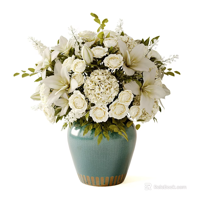 Elegant White Flower Arrangement in Green Vase With Various Flowers And Fresh Green Leaves 3d model 