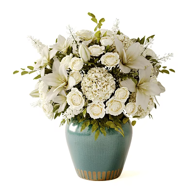 Elegant White Flower Arrangement in Green Vase With Various Flowers And Fresh Green Leaves 3d model