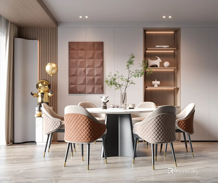 Modern Luxury Dining Room With Dining Table Chairs Artwork Green Plants Shelves And Pendant Lights 3d model 