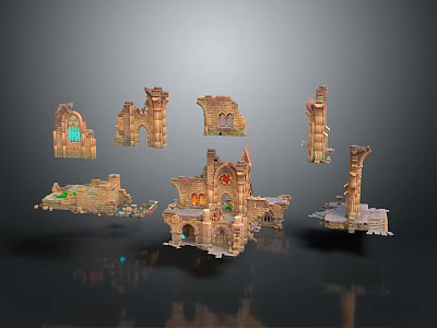 Ancient Ruin Detailed Scene Components With Arched Towers Platforms And Glowing Stone Accents 3d model