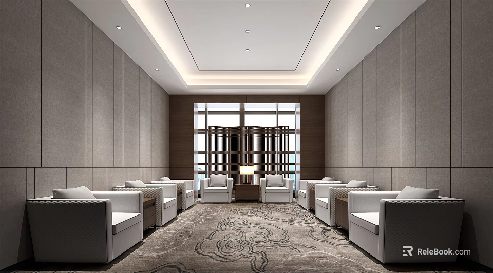 Spacious Hotel Public Lounge With White Sofas Large Windows And Decorative Carpet 3d model 