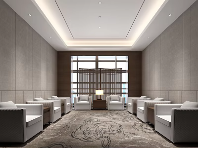 Spacious Hotel Public Lounge With White Sofas Large Windows And Decorative Carpet 3d model