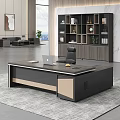 Modern Office Desk With Laptop Coffee Cup And Black Chair Near Wooden Bookshelf With Decorations