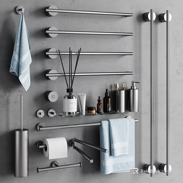 Sleek Modern Bathroom Accessories With Towel Bars Towels Aromatherapy Sticks And Toiletries On Gray Wall 3d model 