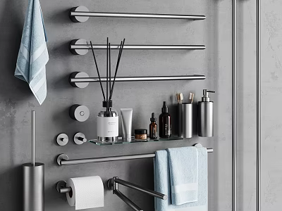 Sleek Modern Bathroom Accessories With Towel Bars Towels Aromatherapy Sticks And Toiletries On Gray Wall 3d model
