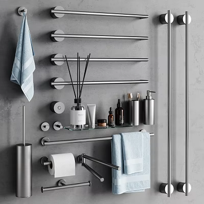 Sleek Modern Bathroom Accessories With Towel Bars Towels Aromatherapy Sticks And Toiletries On Gray Wall 3d model