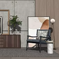 Modern Single Sofa Interior Design With Decorative Painting Floor Lamp And Marble Side Table